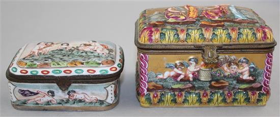 A 19th century Capo di Monte style gilt porcelain hinged box and another similar box, 13.5cm and 11.5cm